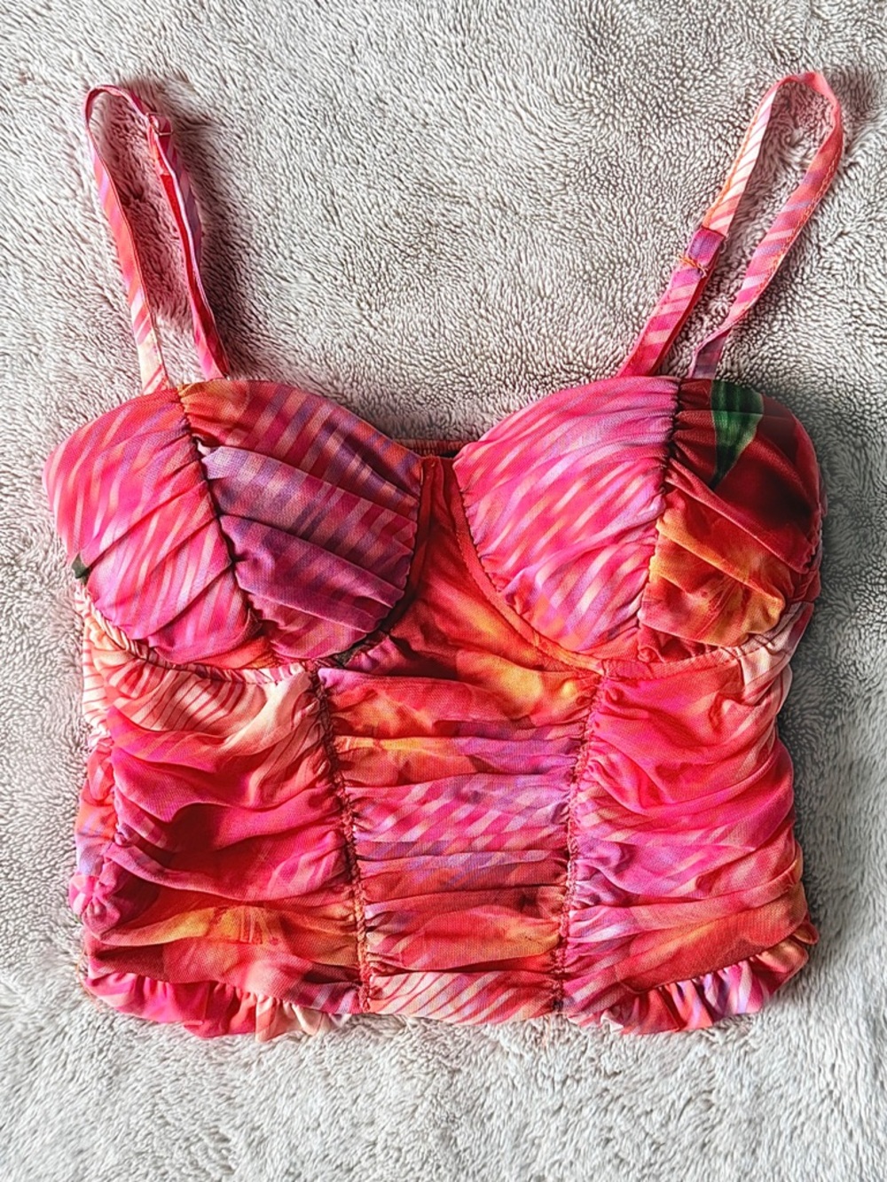 Orange And Pink Ruched Bustier Crop Top